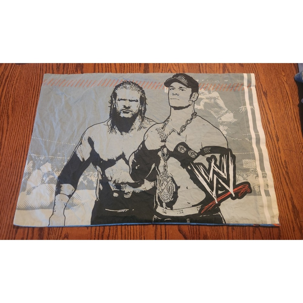 Vintage WWE Wrestling Pillowcase Triple‎ H John Cena Logo Stars Blue Gray
